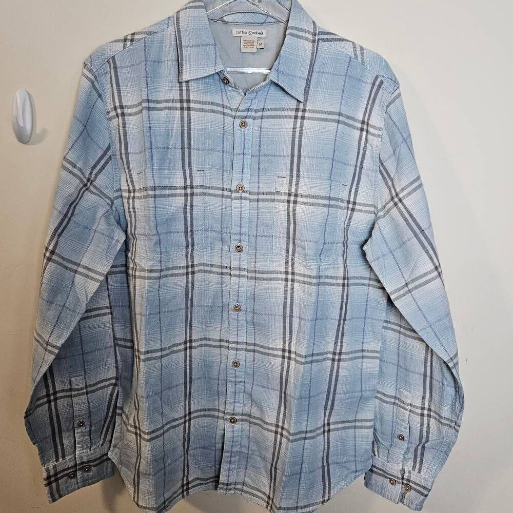 Carbon 2 Cobalt Mens Icy Blue Plaid Long Sleeve Button Up Shirt Size M Pockets